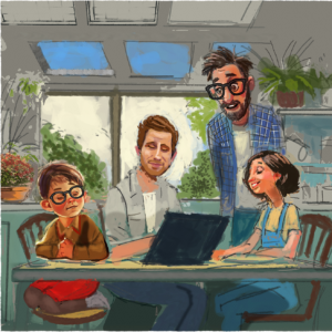 Family gathered around a laptop reviewing home solar energy production and electricity savings in a bright kitchen.