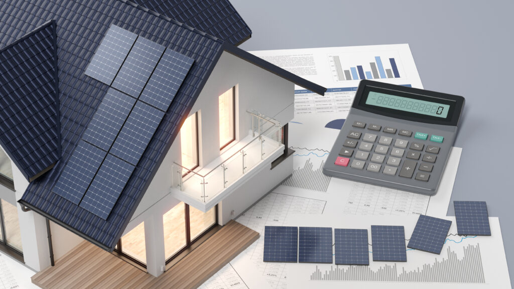 Illustration of a home with rooftop solar panels, a calculator, and financial charts representing solar cost analysis and savings.