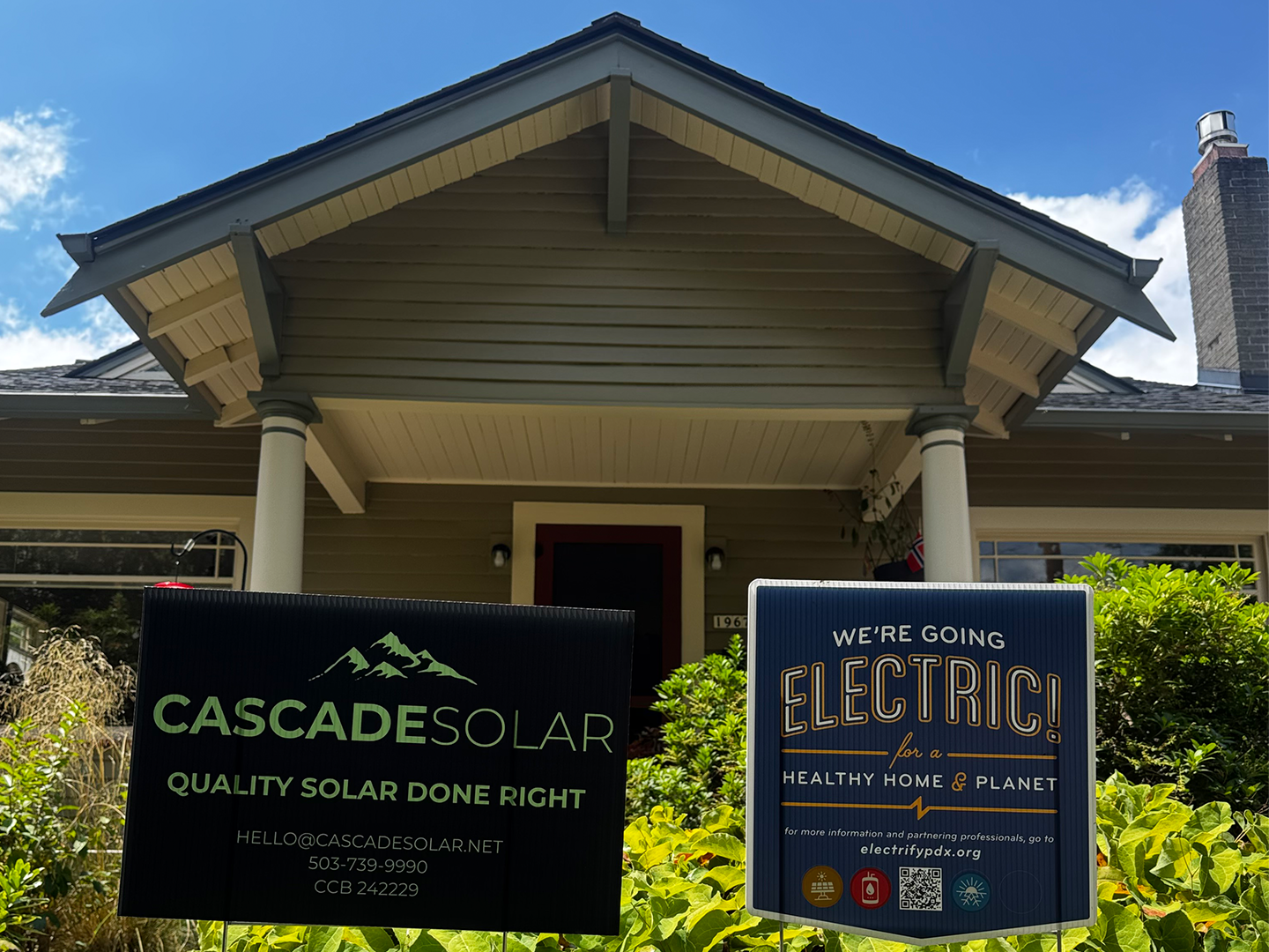 Cascade Solar yard sign displayed in front of a home after a completed residential solar installation.
