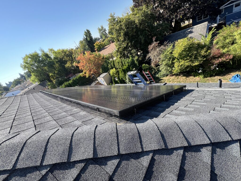 Black solar panels with critter guard installed on a residential asphalt shingle roof.