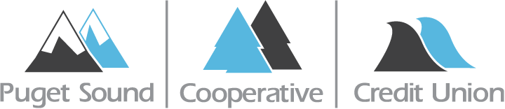 Puget Sound Cooperative Credit Union logo with stylized mountain and wave graphics.