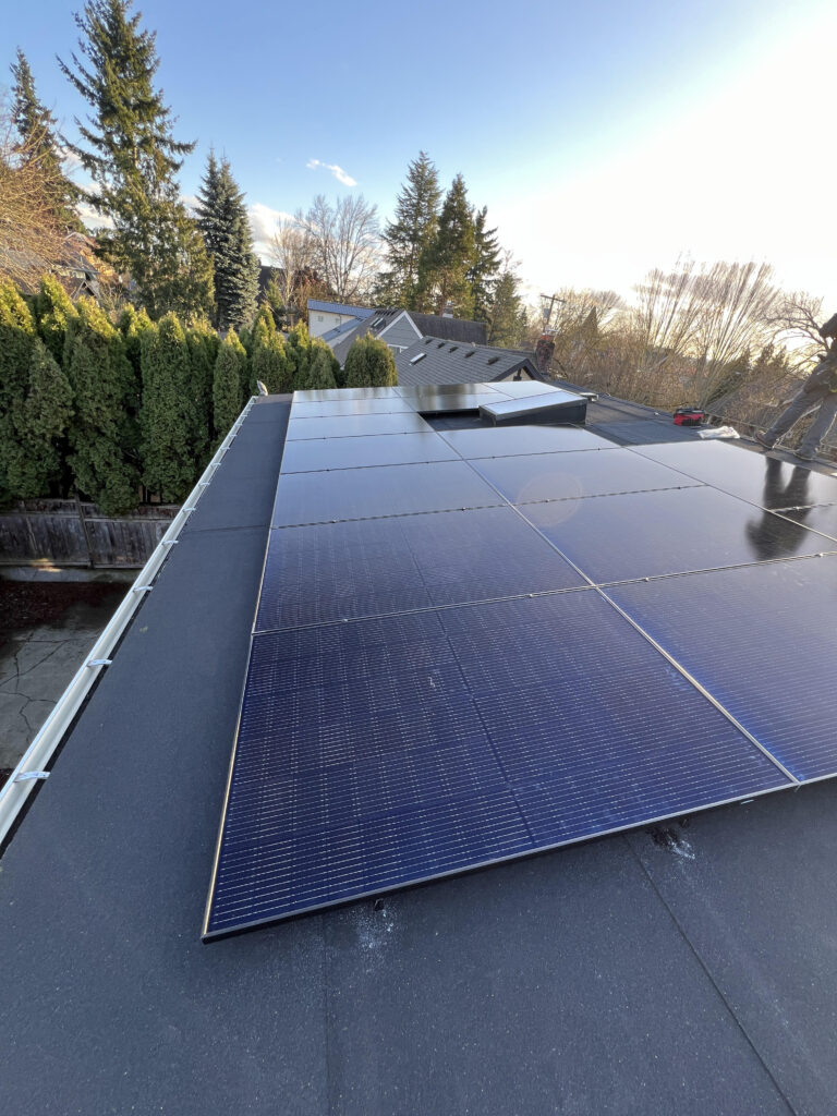 Large array of black solar panels installed on a residential flat roof surrounded by trees and neighboring homes.